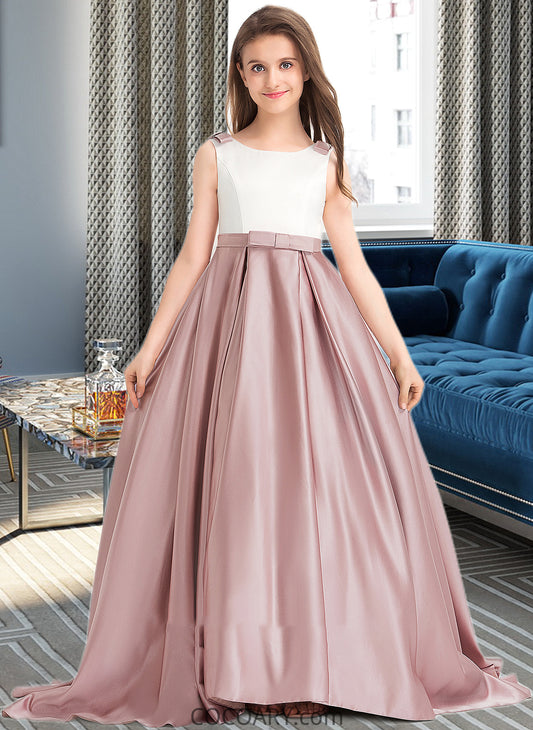 Marcie Ball-Gown/Princess Scoop Neck Sweep Train Satin Junior Bridesmaid Dress With Bow(s) Pockets DA8P0013626