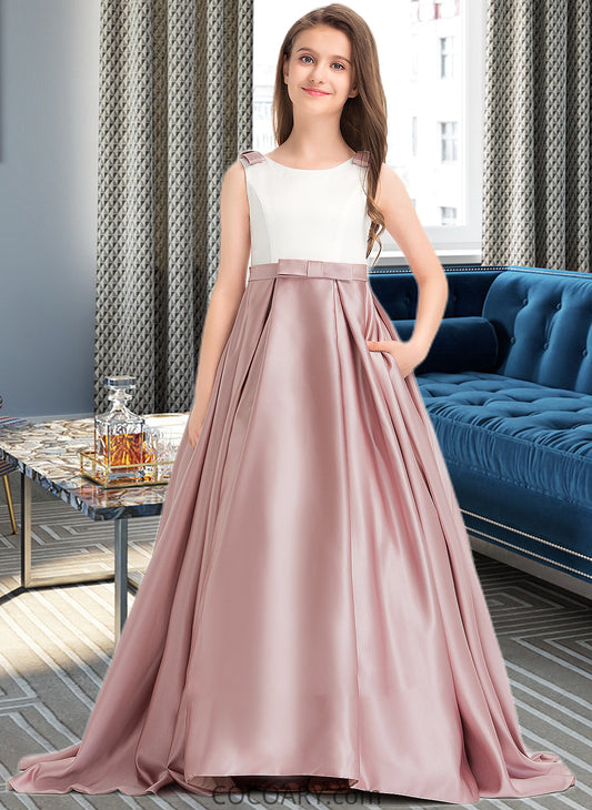 Marcie Ball-Gown/Princess Scoop Neck Sweep Train Satin Junior Bridesmaid Dress With Bow(s) Pockets DA8P0013626