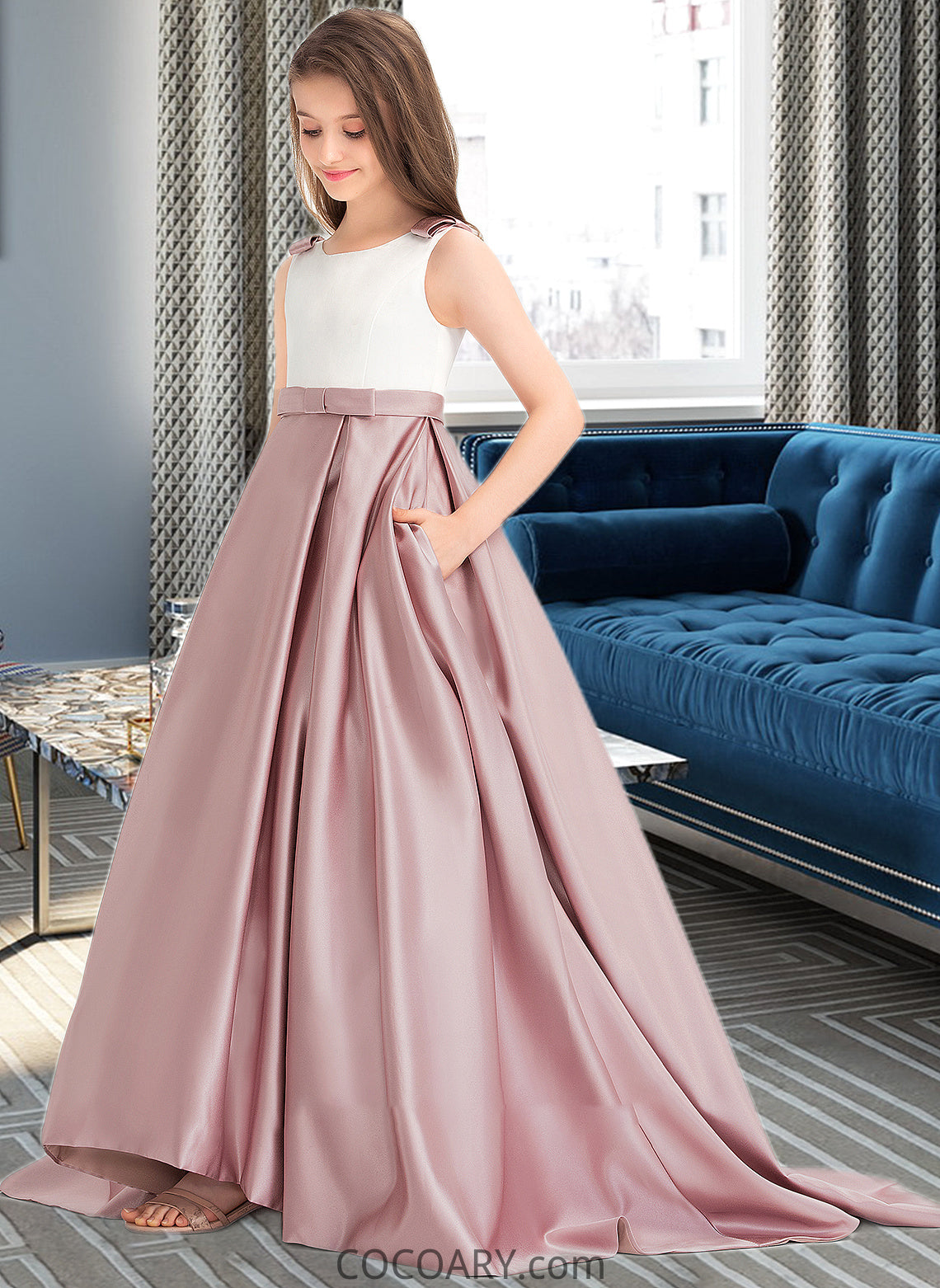 Marcie Ball-Gown/Princess Scoop Neck Sweep Train Satin Junior Bridesmaid Dress With Bow(s) Pockets DA8P0013626