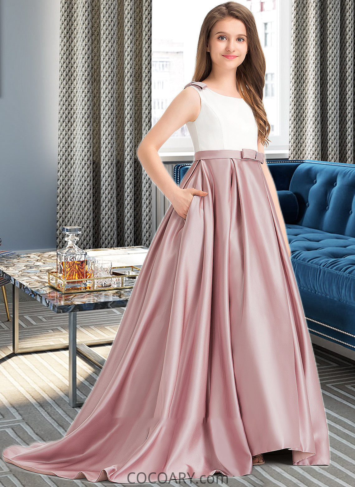 Marcie Ball-Gown/Princess Scoop Neck Sweep Train Satin Junior Bridesmaid Dress With Bow(s) Pockets DA8P0013626