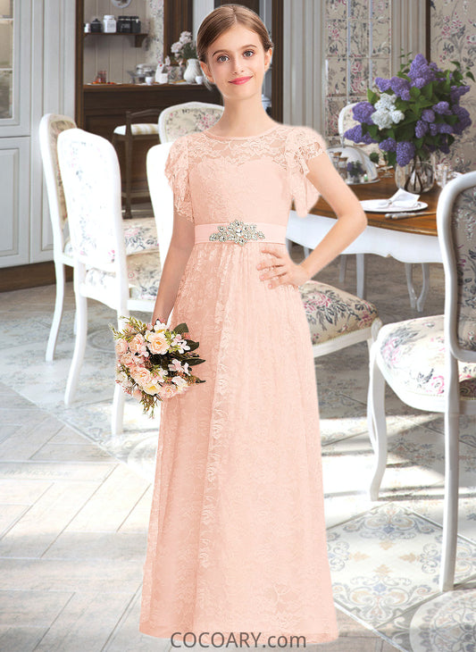 Scarlet A-Line Scoop Neck Floor-Length Lace Junior Bridesmaid Dress With Beading Bow(s) Cascading Ruffles DA8P0013627