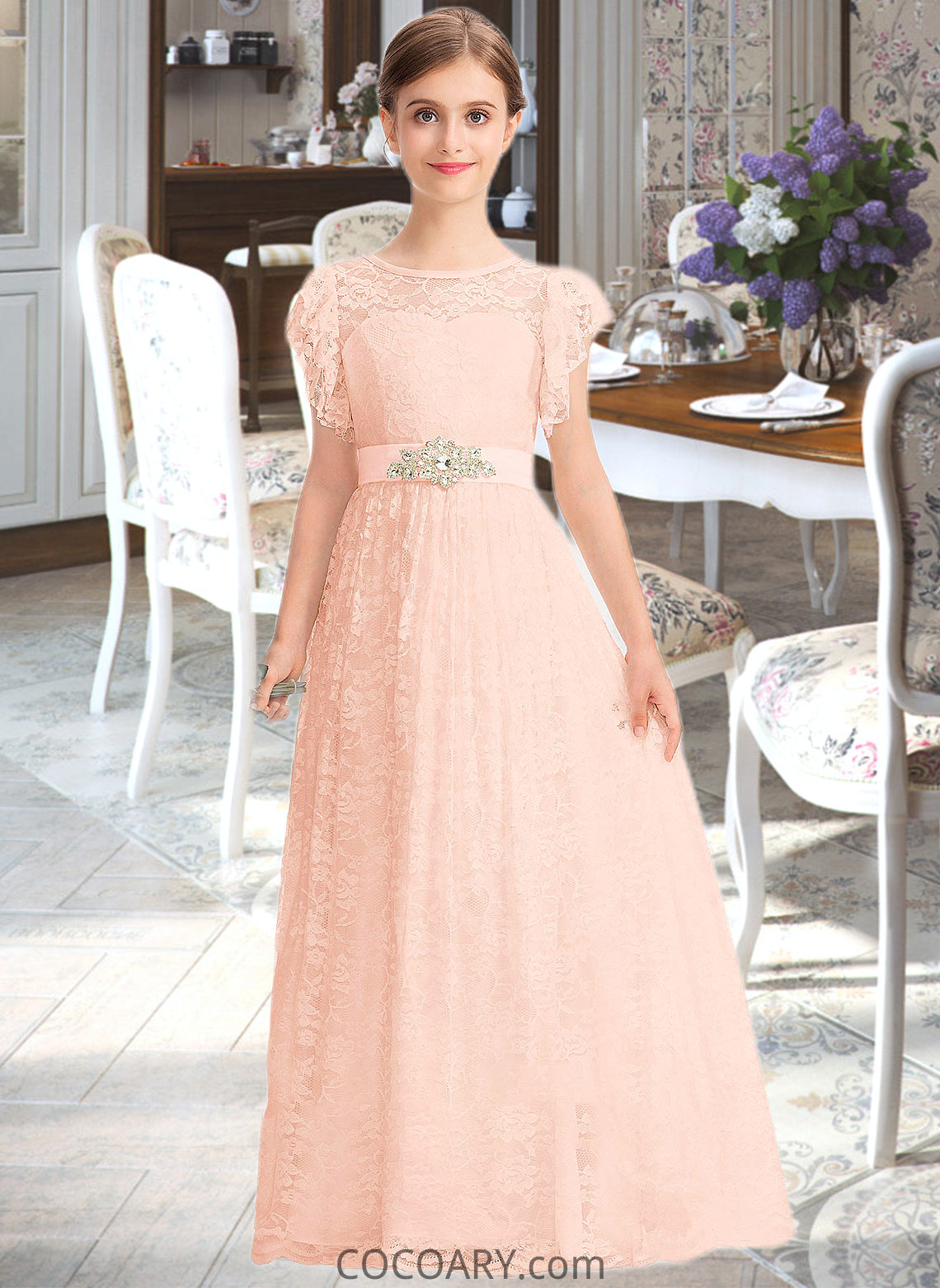 Scarlet A-Line Scoop Neck Floor-Length Lace Junior Bridesmaid Dress With Beading Bow(s) Cascading Ruffles DA8P0013627