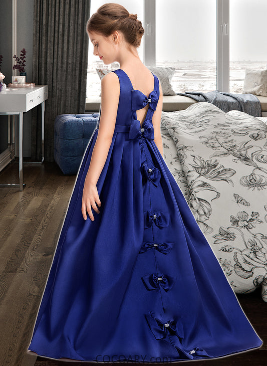 Sasha Ball-Gown/Princess Scoop Neck Sweep Train Satin Junior Bridesmaid Dress With Bow(s) DA8P0013628