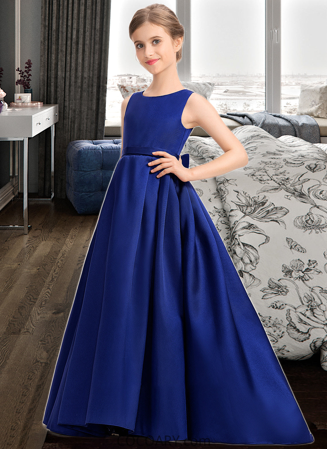 Sasha Ball-Gown/Princess Scoop Neck Sweep Train Satin Junior Bridesmaid Dress With Bow(s) DA8P0013628