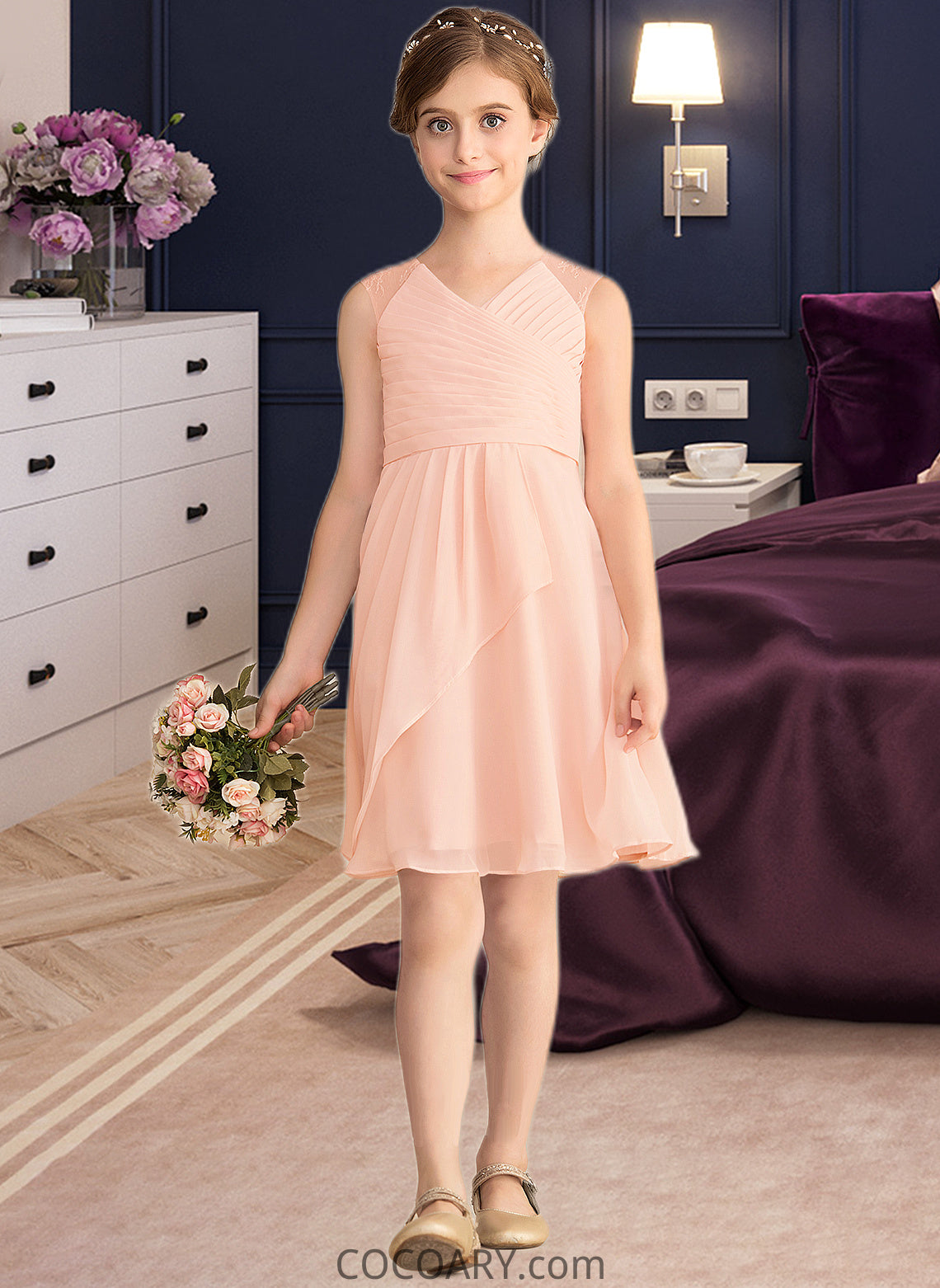 Camille A-Line V-neck Knee-Length Chiffon Lace Junior Bridesmaid Dress With Cascading Ruffles DA8P0013630