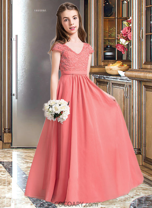 Rhoda A-Line V-neck Floor-Length Chiffon Lace Junior Bridesmaid Dress DA8P0013634