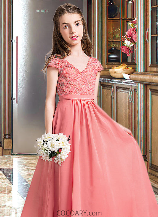 Rhoda A-Line V-neck Floor-Length Chiffon Lace Junior Bridesmaid Dress DA8P0013634