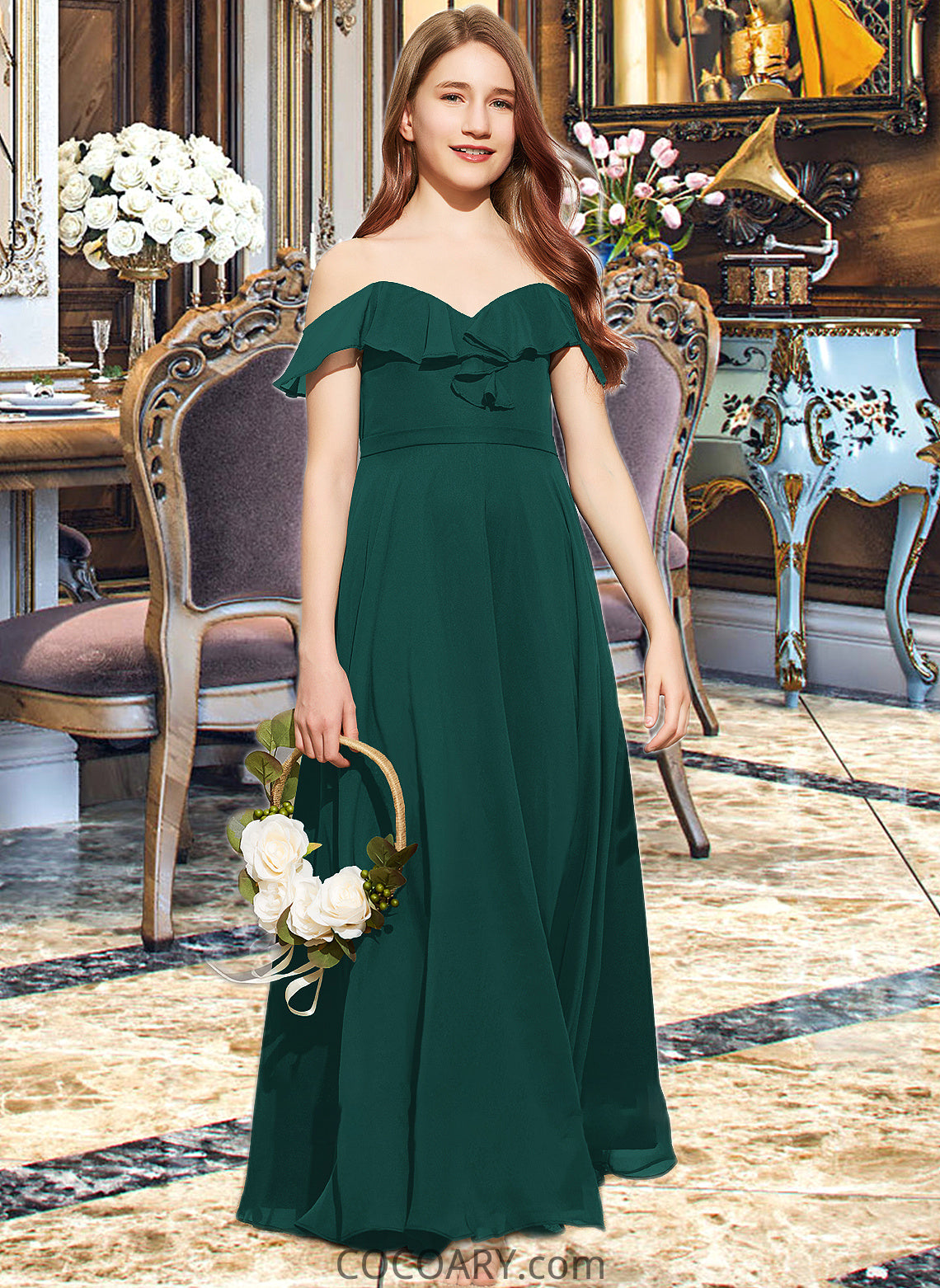 Luz A-Line Off-the-Shoulder Floor-Length Chiffon Junior Bridesmaid Dress With Cascading Ruffles DA8P0013635