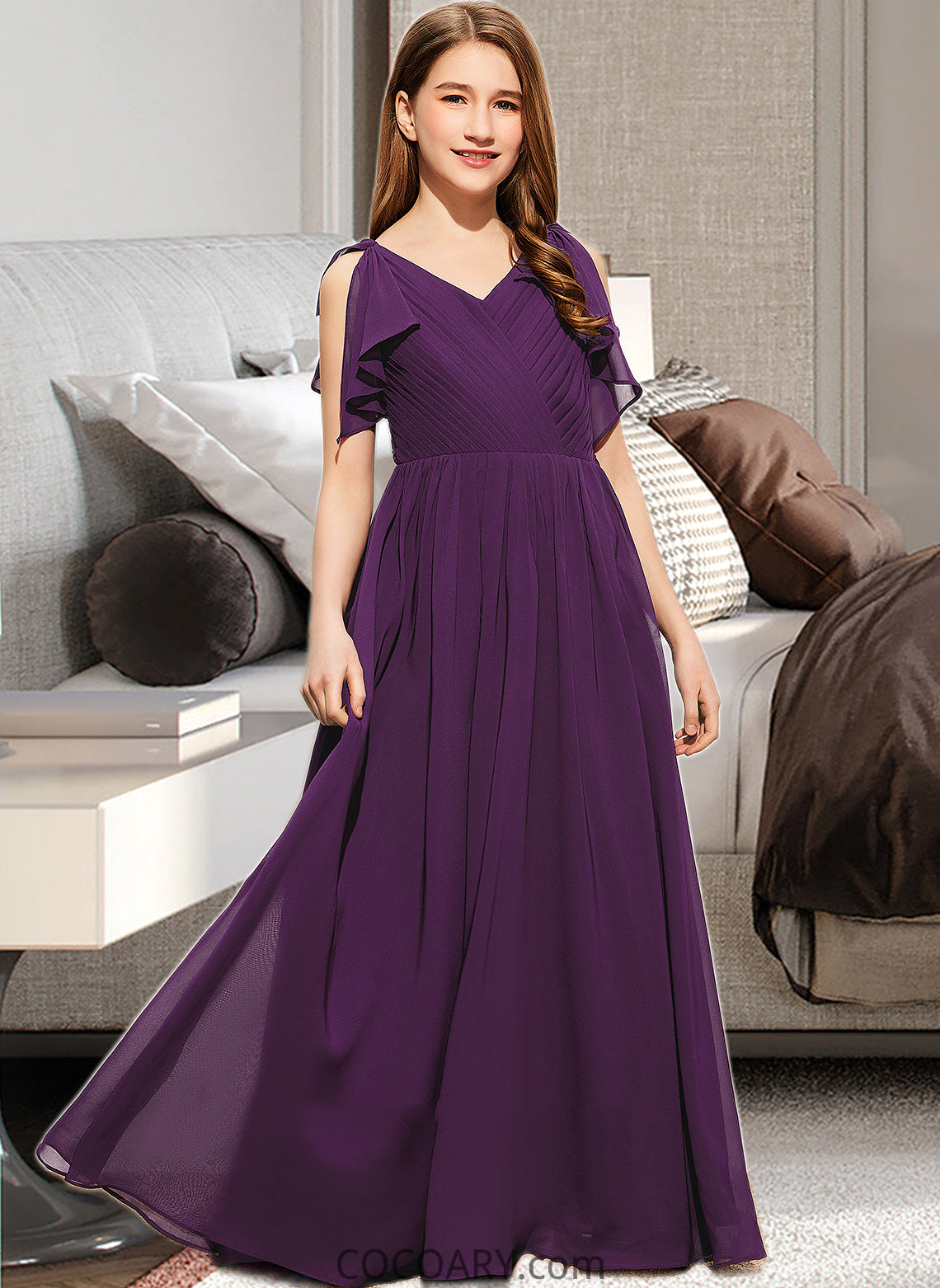 Kayden A-Line V-neck Floor-Length Chiffon Junior Bridesmaid Dress With Bow(s) Cascading Ruffles DA8P0013639