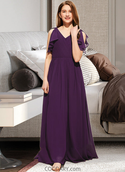 Kayden A-Line V-neck Floor-Length Chiffon Junior Bridesmaid Dress With Bow(s) Cascading Ruffles DA8P0013639