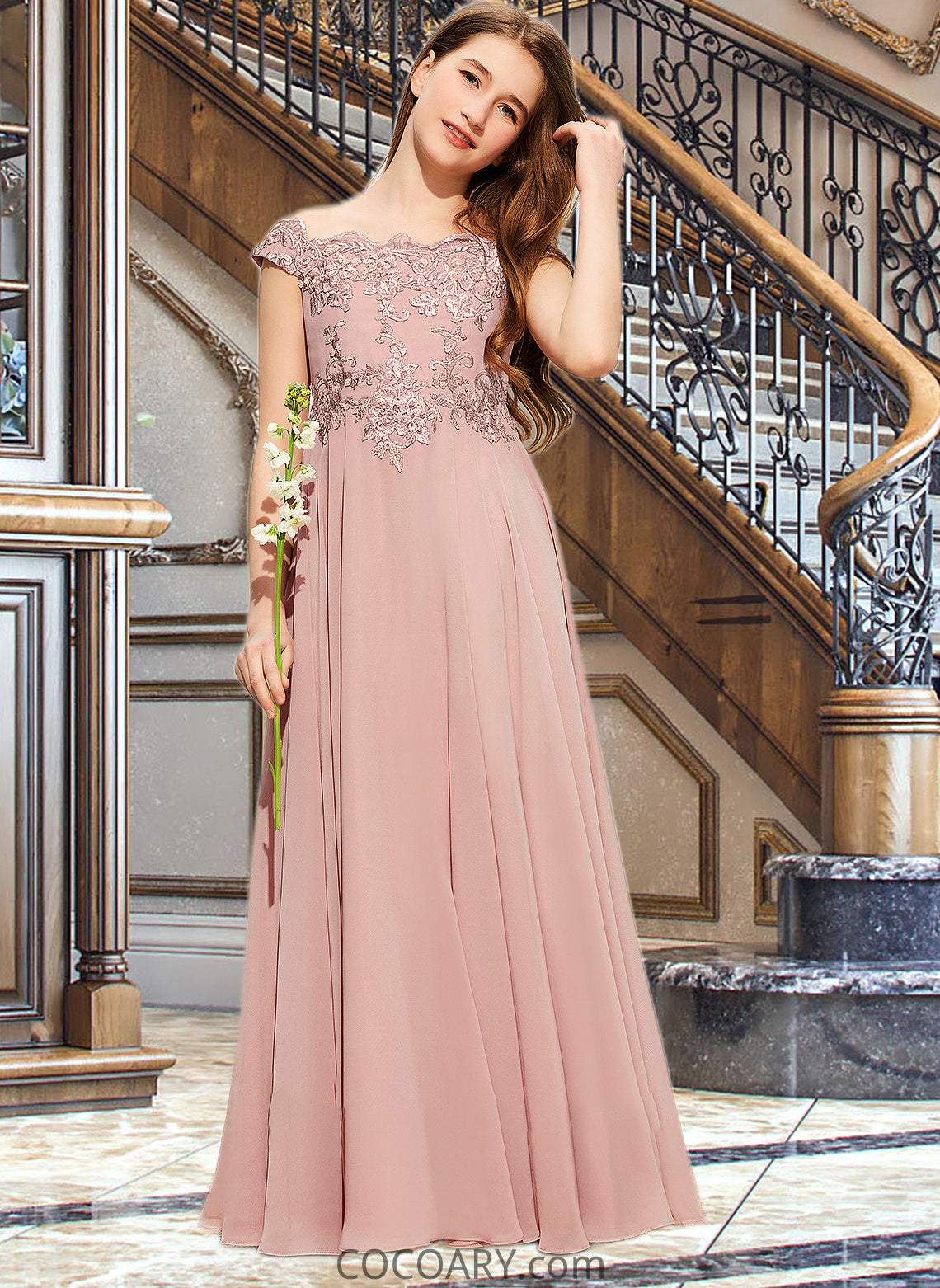 Faith A-Line Off-the-Shoulder Floor-Length Chiffon Lace Junior Bridesmaid Dress DA8P0013640