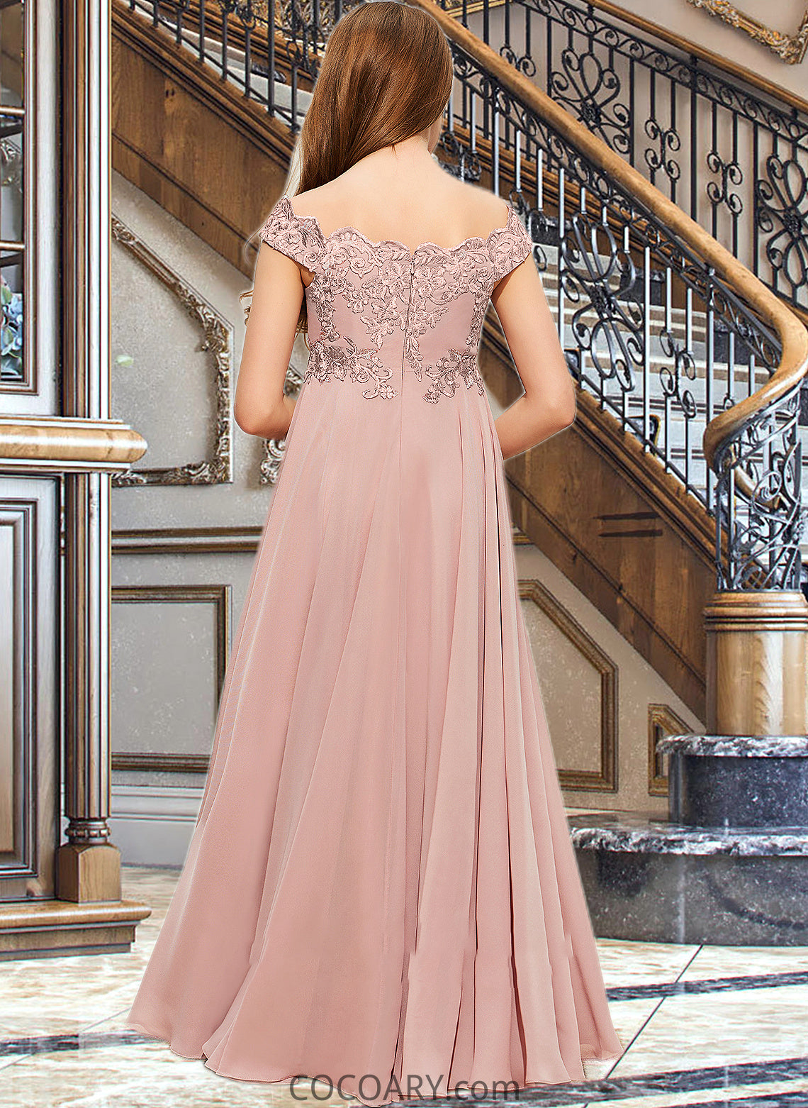 Faith A-Line Off-the-Shoulder Floor-Length Chiffon Lace Junior Bridesmaid Dress DA8P0013640