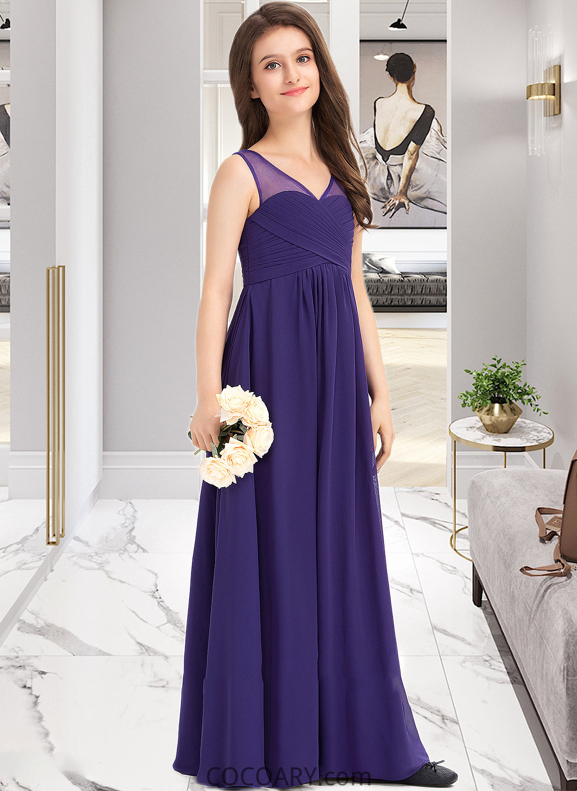 Irene A-Line V-neck Floor-Length Chiffon Junior Bridesmaid Dress With Ruffle DA8P0013642