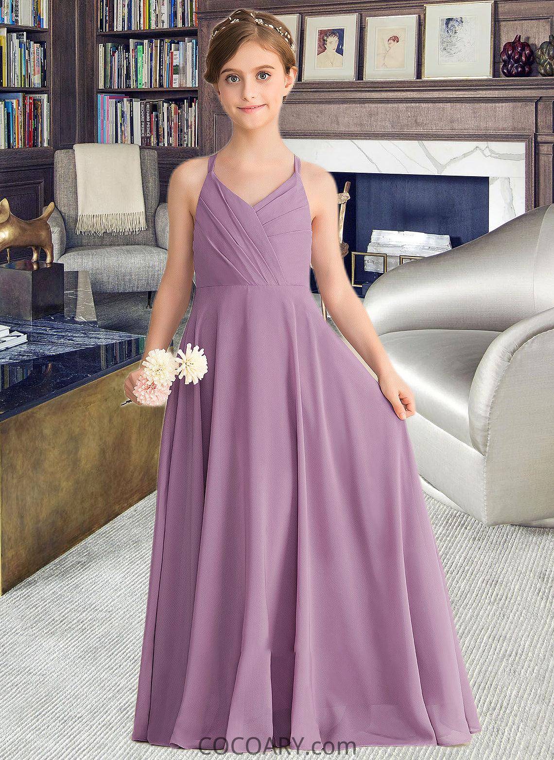 Mayra A-Line V-neck Floor-Length Chiffon Junior Bridesmaid Dress With Cascading Ruffles DA8P0013644