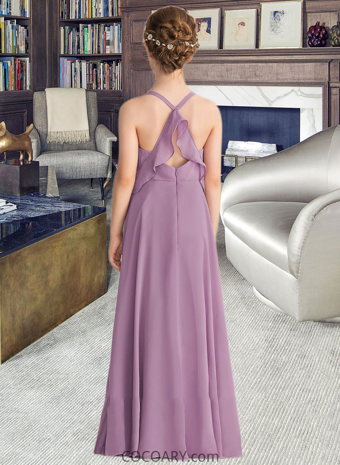 Mayra A-Line V-neck Floor-Length Chiffon Junior Bridesmaid Dress With Cascading Ruffles DA8P0013644