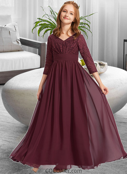 Ayana A-Line V-neck Floor-Length Chiffon Lace Junior Bridesmaid Dress DA8P0013652