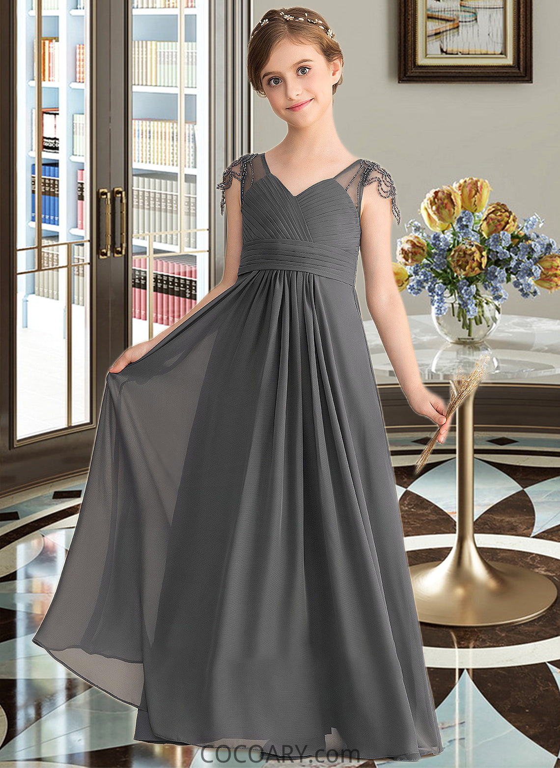 Helga A-Line V-neck Floor-Length Chiffon Junior Bridesmaid Dress With Ruffle Beading DA8P0013653