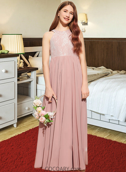 Kimberly A-Line Scoop Neck Floor-Length Chiffon Lace Junior Bridesmaid Dress With Sequins DA8P0013655