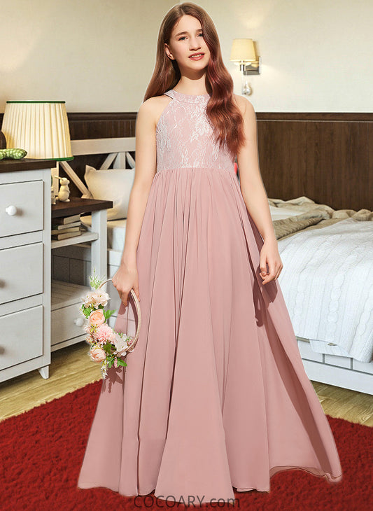 Kimberly A-Line Scoop Neck Floor-Length Chiffon Lace Junior Bridesmaid Dress With Sequins DA8P0013655