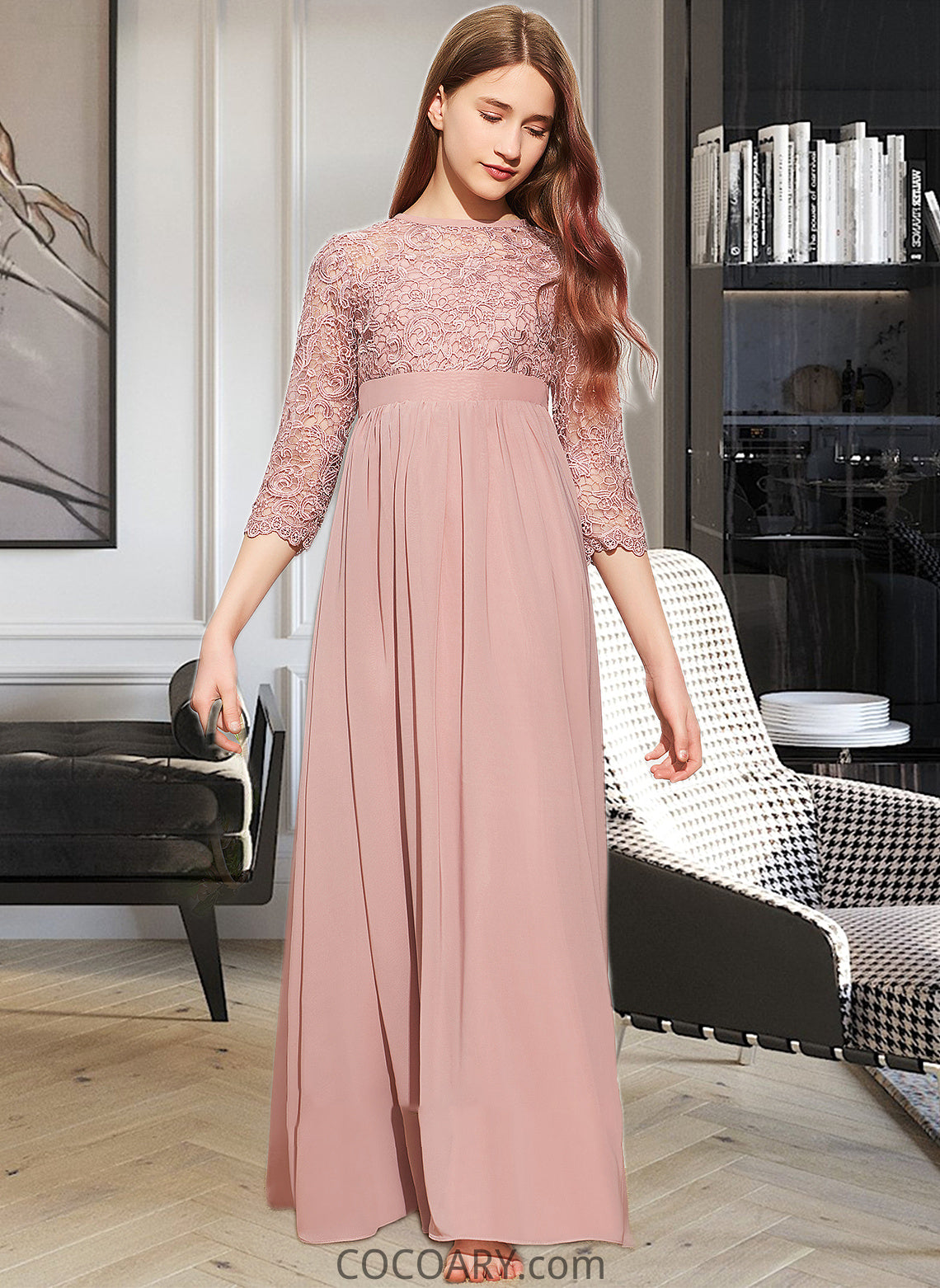 Hillary A-Line Scoop Neck Floor-Length Chiffon Lace Junior Bridesmaid Dress DA8P0013657