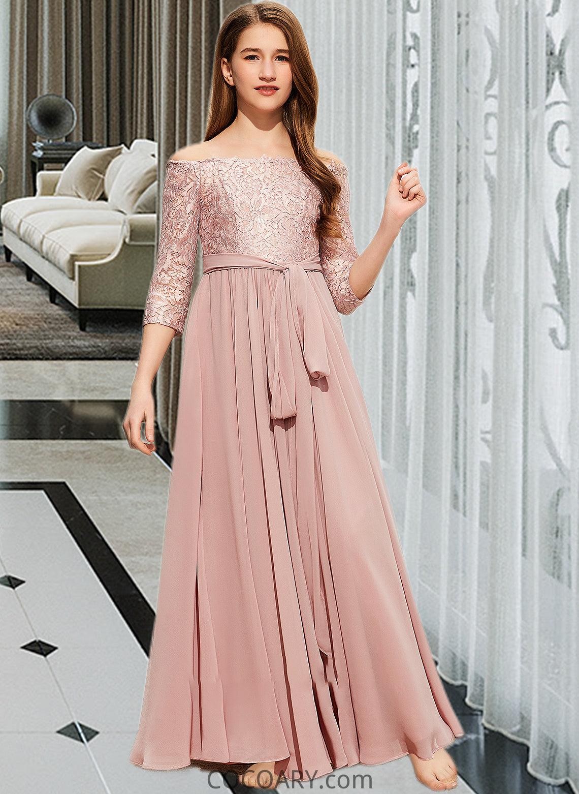 Faith A-Line Off-the-Shoulder Floor-Length Chiffon Lace Junior Bridesmaid Dress With Bow(s) DA8P0013658