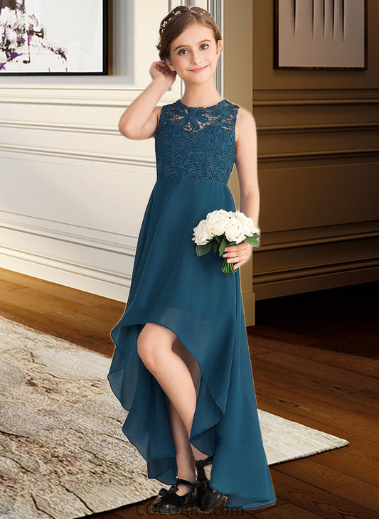 Abril A-Line Scoop Neck Asymmetrical Chiffon Lace Junior Bridesmaid Dress DA8P0013661