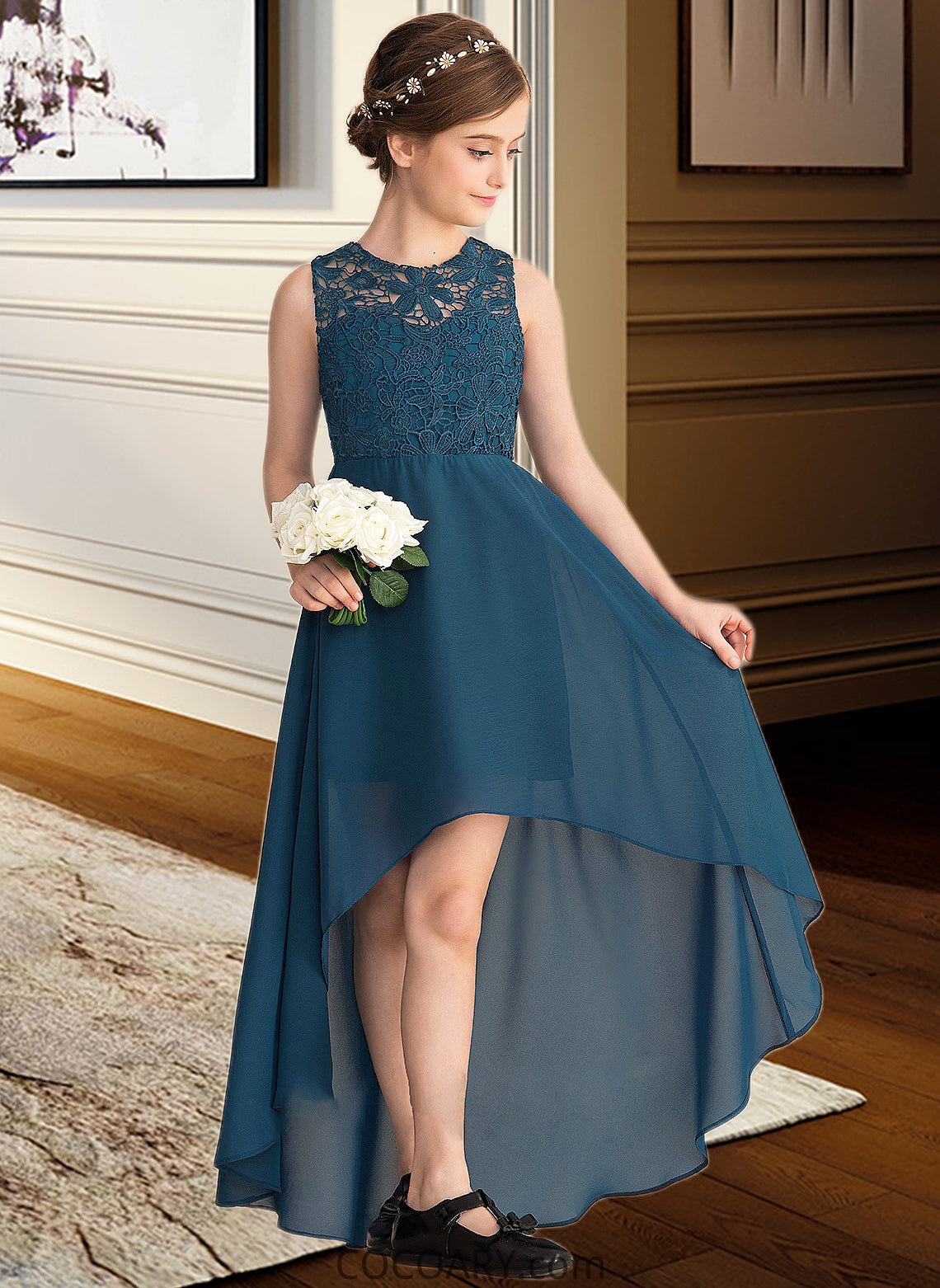 Abril A-Line Scoop Neck Asymmetrical Chiffon Lace Junior Bridesmaid Dress DA8P0013661