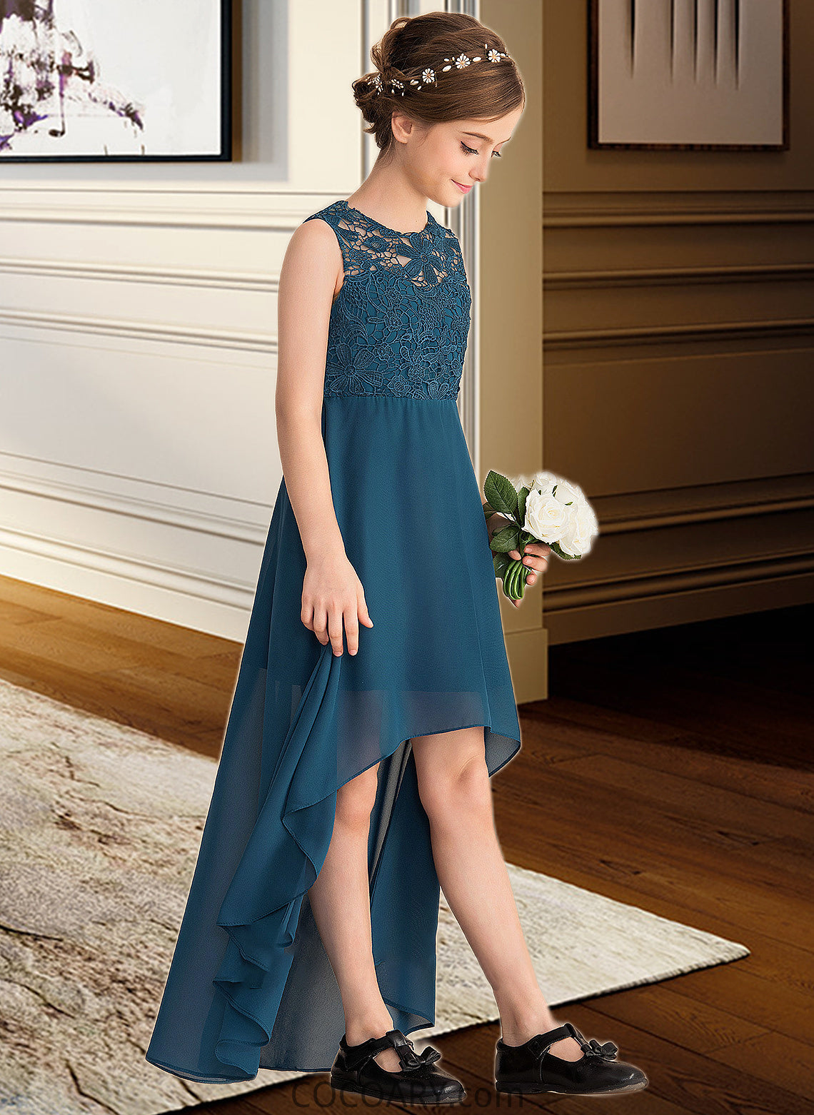 Abril A-Line Scoop Neck Asymmetrical Chiffon Lace Junior Bridesmaid Dress DA8P0013661