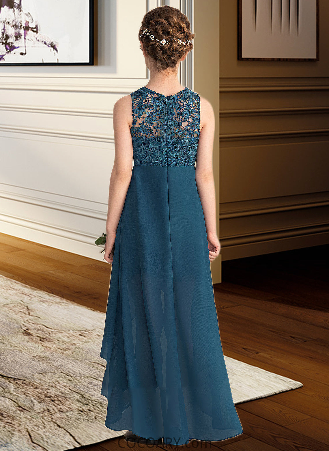 Abril A-Line Scoop Neck Asymmetrical Chiffon Lace Junior Bridesmaid Dress DA8P0013661