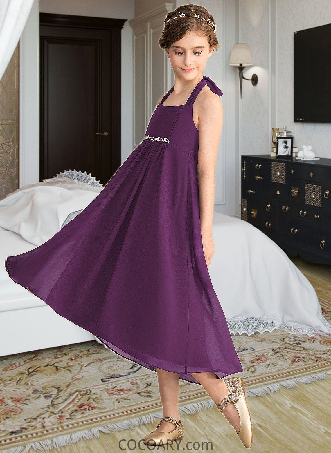 Shania Empire Halter Asymmetrical Chiffon Junior Bridesmaid Dress With Beading Bow(s) DA8P0013663