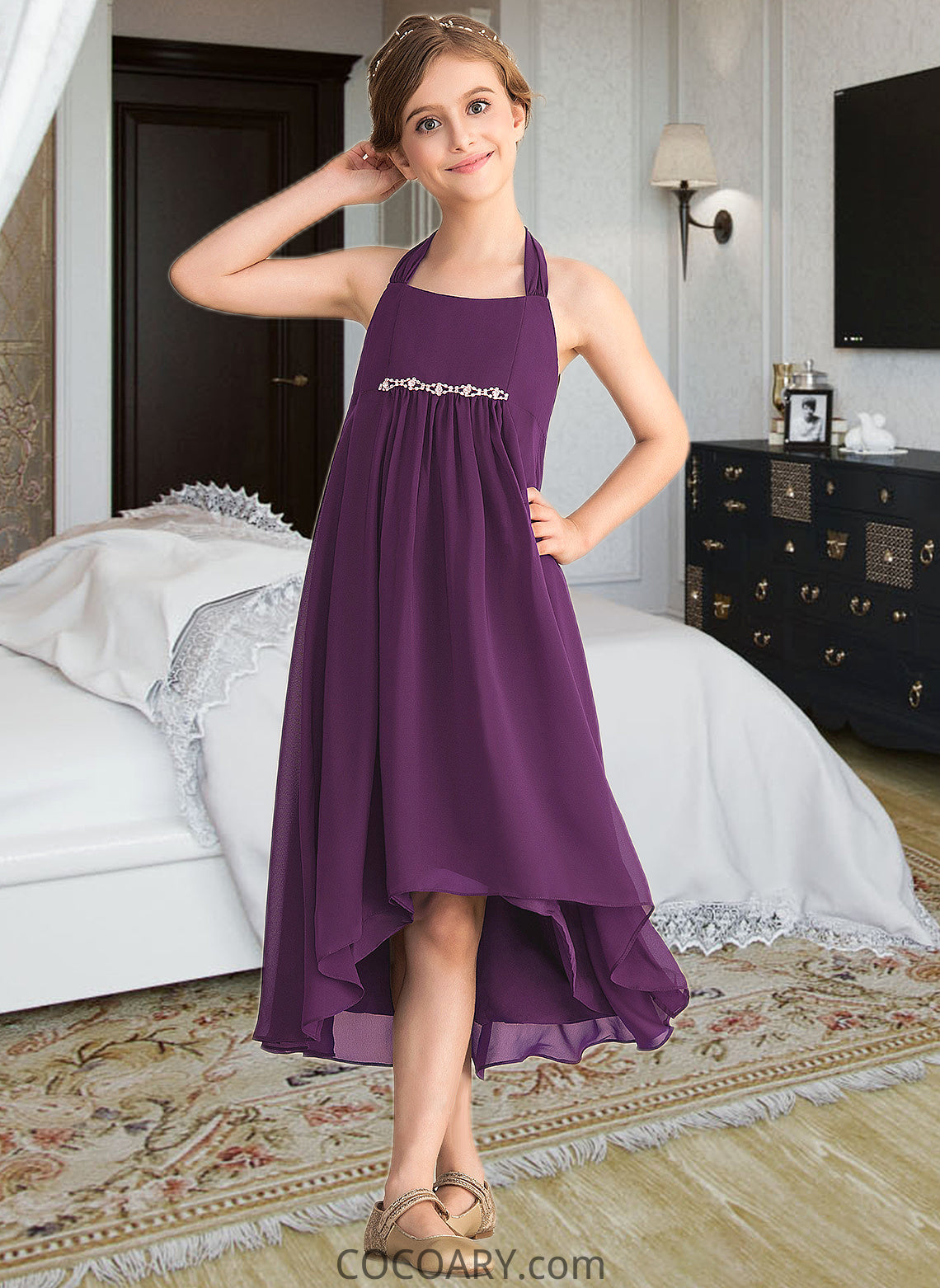 Shania Empire Halter Asymmetrical Chiffon Junior Bridesmaid Dress With Beading Bow(s) DA8P0013663