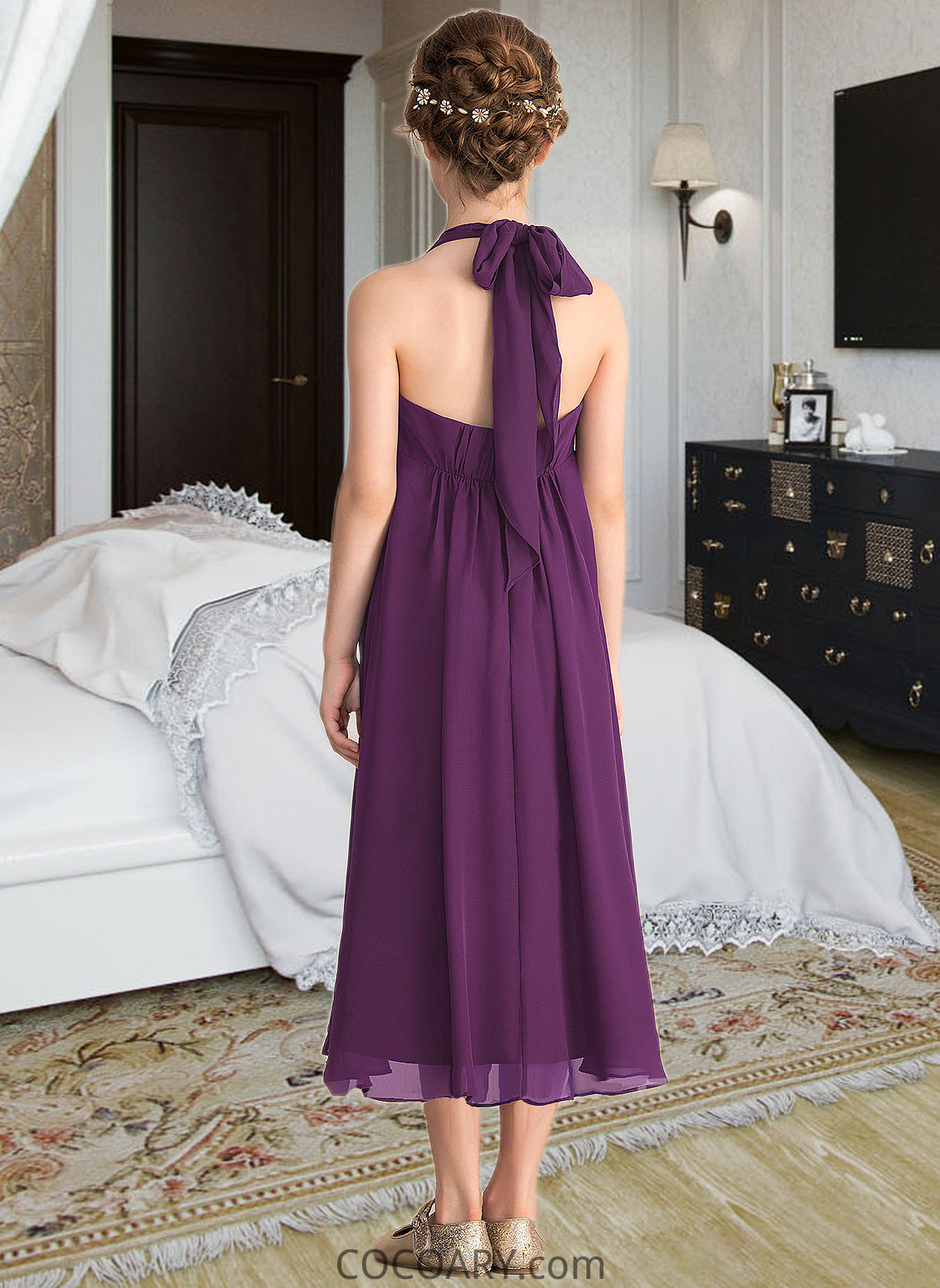 Shania Empire Halter Asymmetrical Chiffon Junior Bridesmaid Dress With Beading Bow(s) DA8P0013663