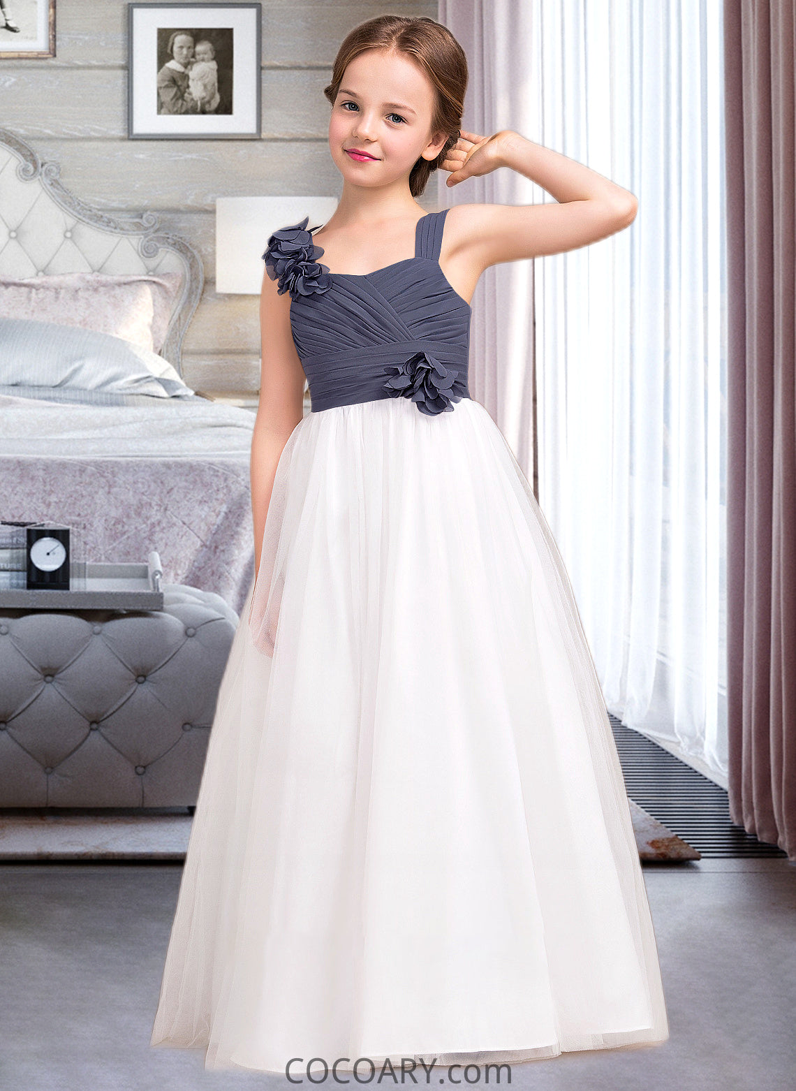 Savannah A-Line Sweetheart Floor-Length Chiffon Tulle Junior Bridesmaid Dress With Ruffle Flower(s) DA8P0013665