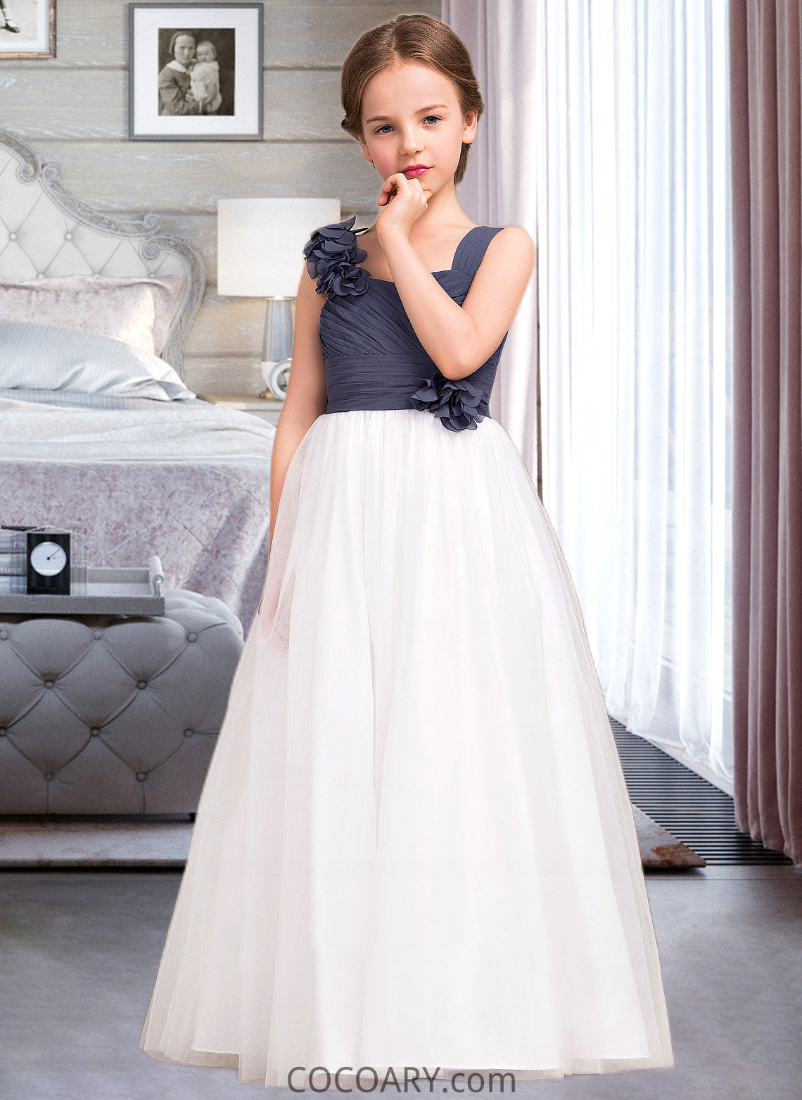 Savannah A-Line Sweetheart Floor-Length Chiffon Tulle Junior Bridesmaid Dress With Ruffle Flower(s) DA8P0013665