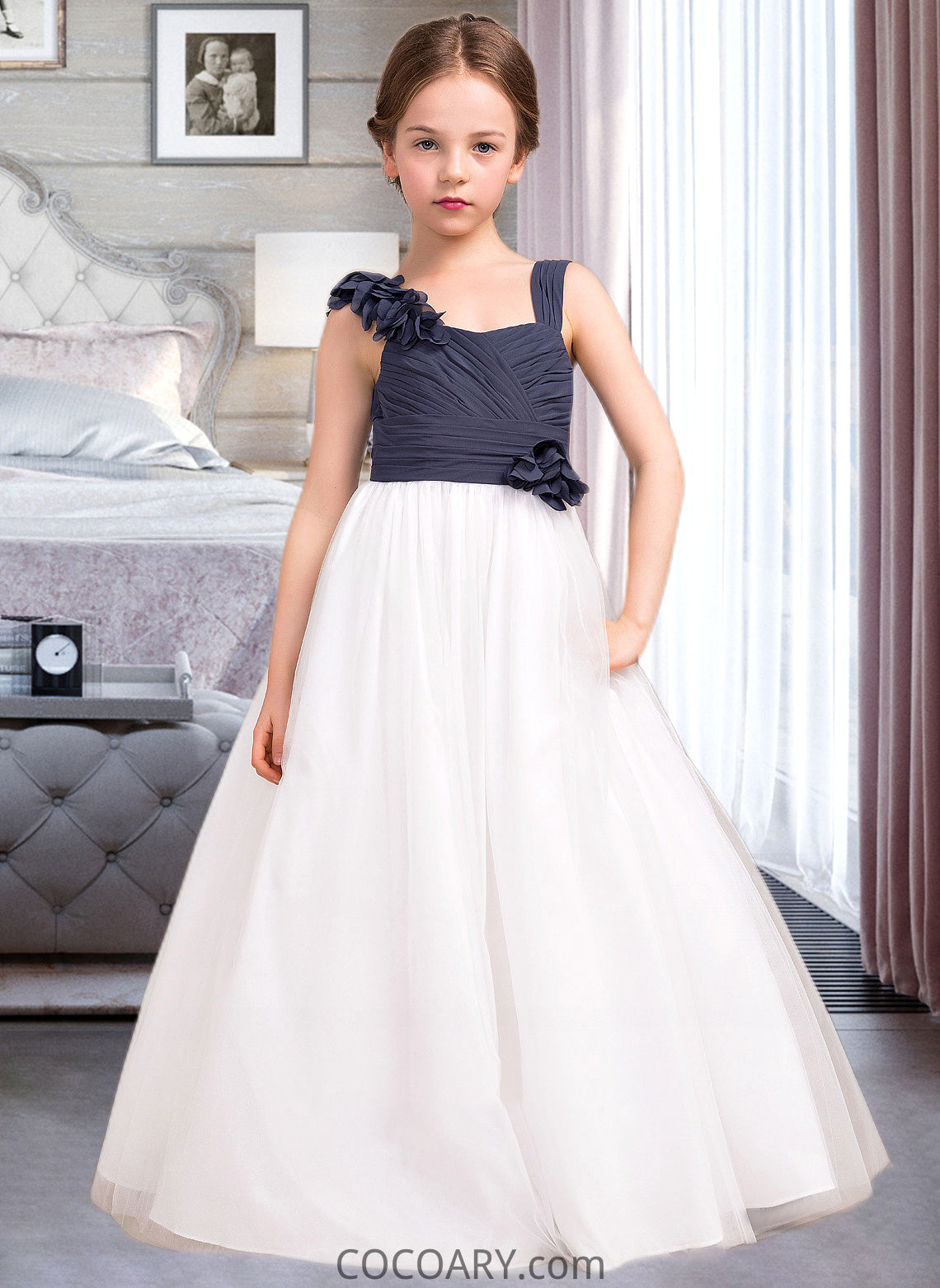 Savannah A-Line Sweetheart Floor-Length Chiffon Tulle Junior Bridesmaid Dress With Ruffle Flower(s) DA8P0013665