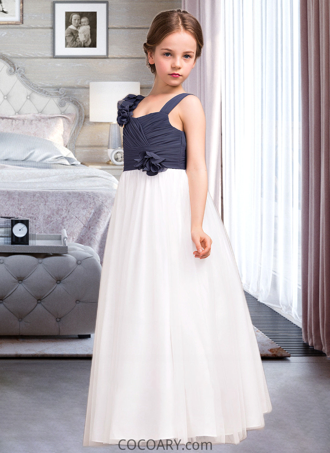 Savannah A-Line Sweetheart Floor-Length Chiffon Tulle Junior Bridesmaid Dress With Ruffle Flower(s) DA8P0013665