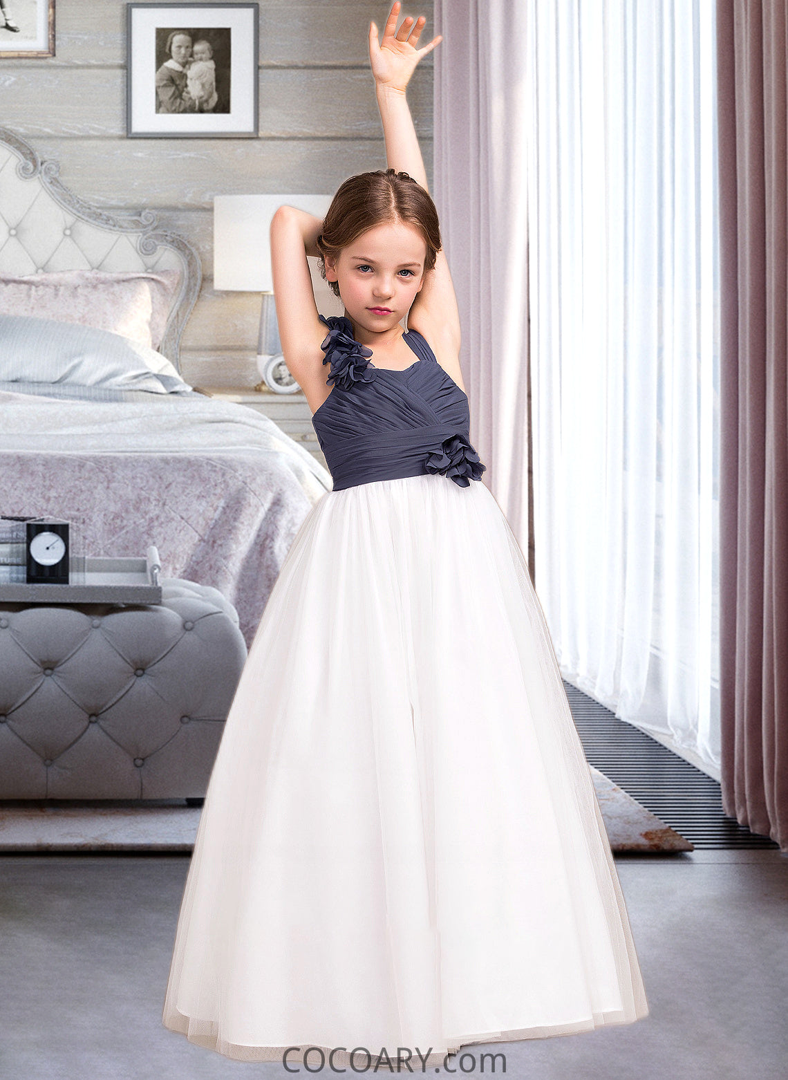 Savannah A-Line Sweetheart Floor-Length Chiffon Tulle Junior Bridesmaid Dress With Ruffle Flower(s) DA8P0013665