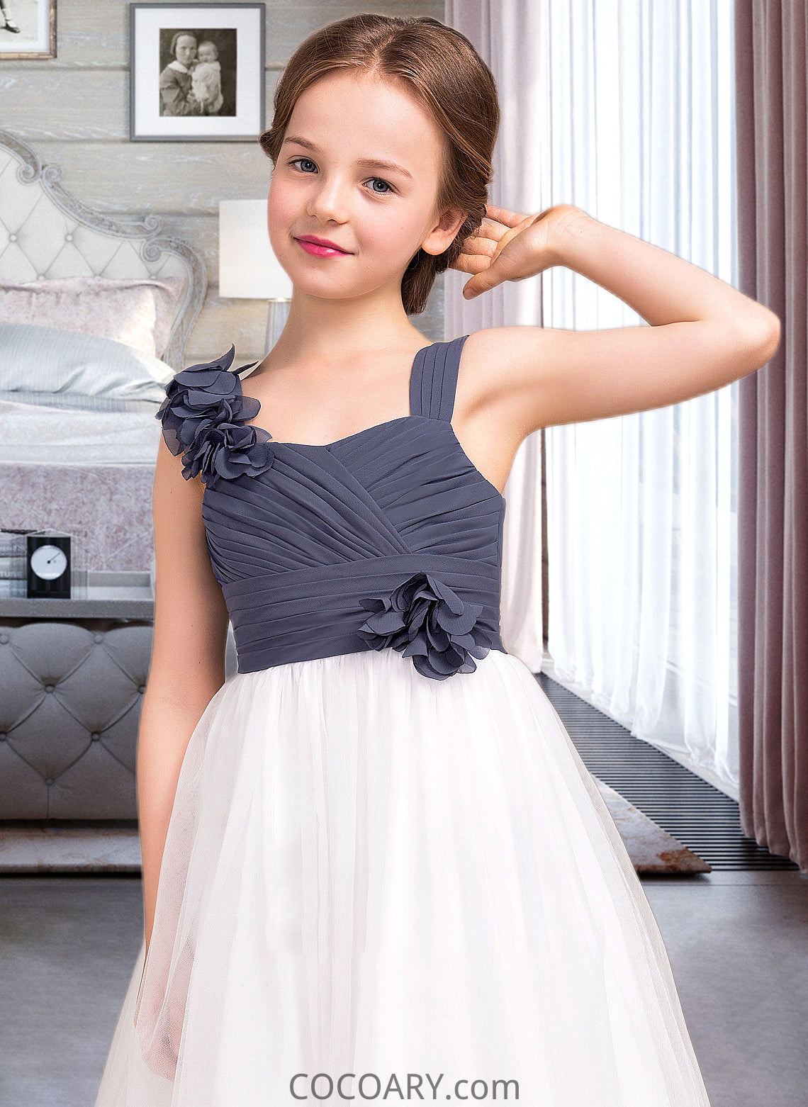 Savannah A-Line Sweetheart Floor-Length Chiffon Tulle Junior Bridesmaid Dress With Ruffle Flower(s) DA8P0013665