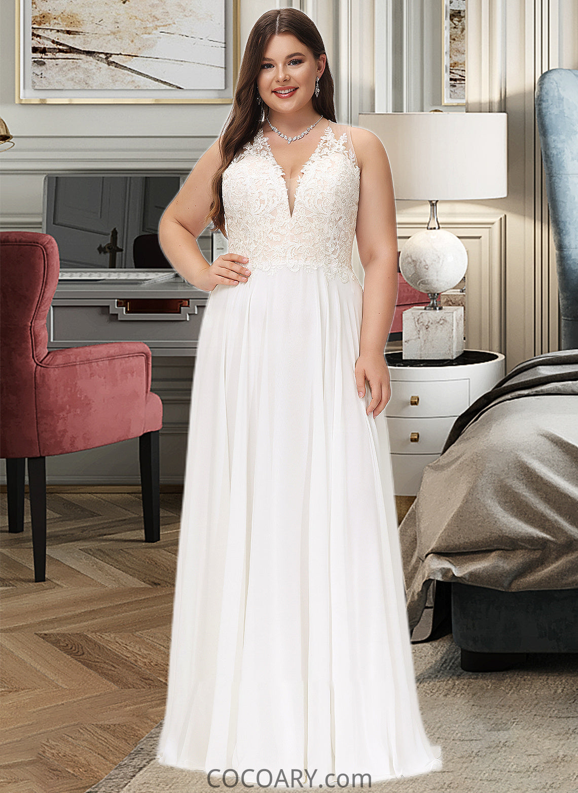 Martha A-Line V-neck Sweep Train Chiffon Lace Wedding Dress With Lace DA8P0013677