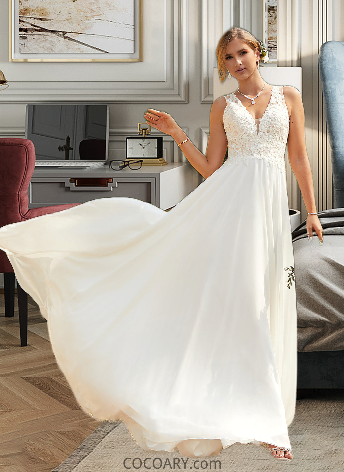 Martha A-Line V-neck Sweep Train Chiffon Lace Wedding Dress With Lace DA8P0013677