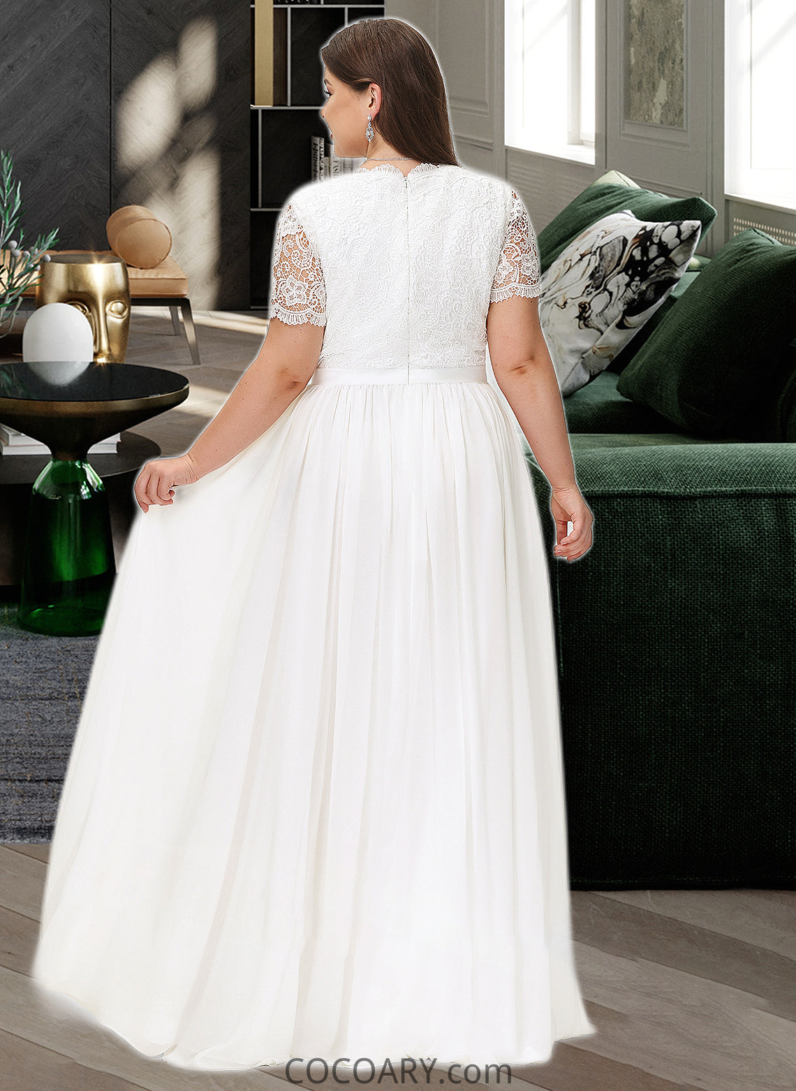 Yazmin A-Line V-neck Floor-Length Chiffon Lace Wedding Dress DA8P0013678