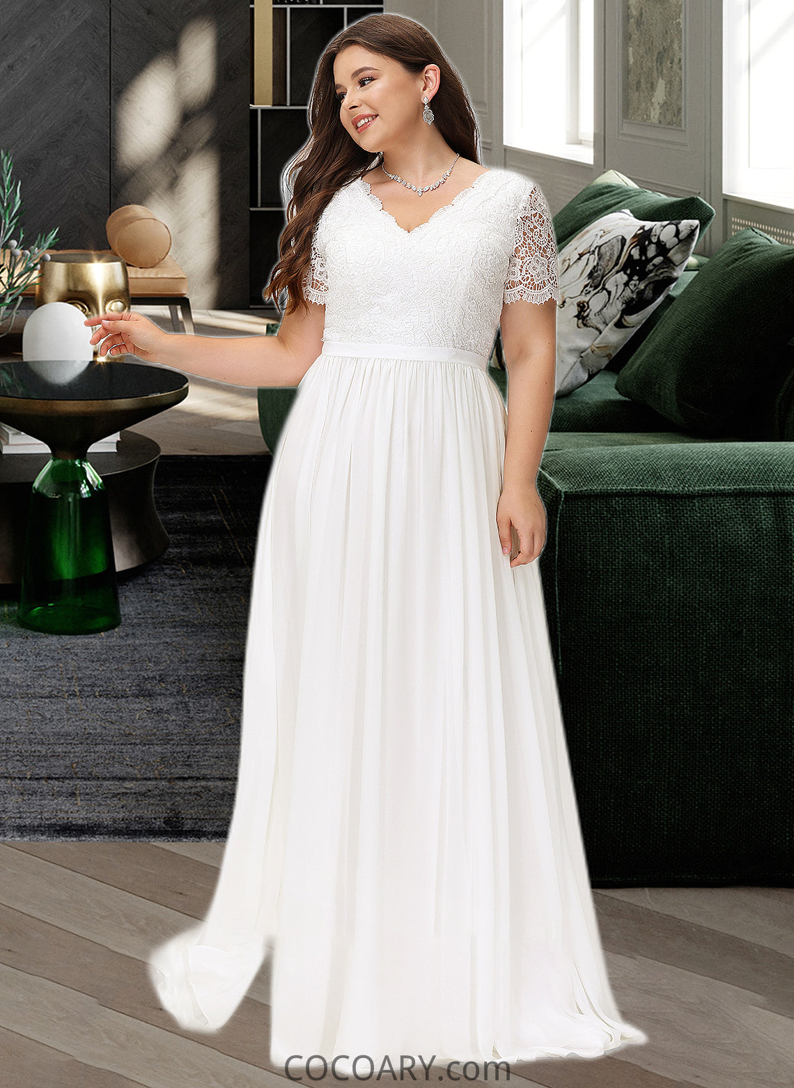 Yazmin A-Line V-neck Floor-Length Chiffon Lace Wedding Dress DA8P0013678