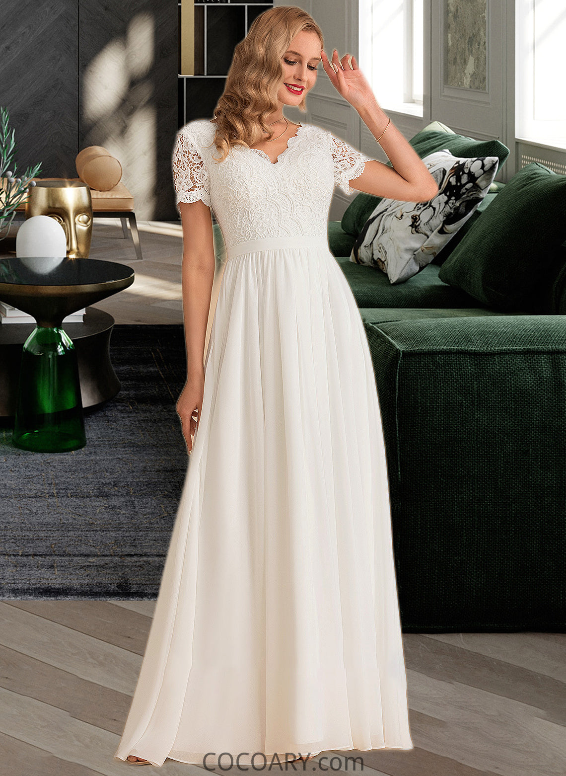 Yazmin A-Line V-neck Floor-Length Chiffon Lace Wedding Dress DA8P0013678