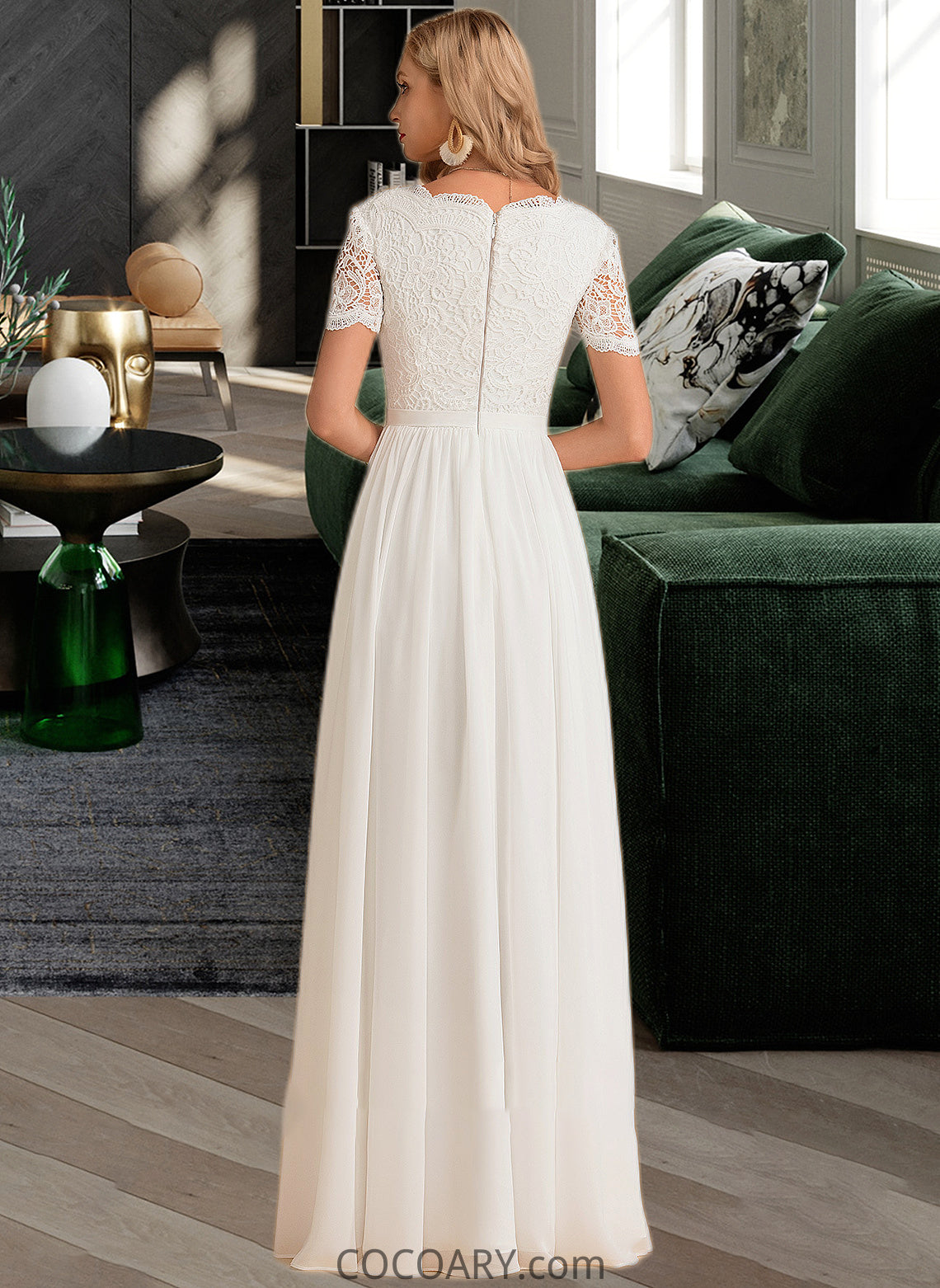 Yazmin A-Line V-neck Floor-Length Chiffon Lace Wedding Dress DA8P0013678