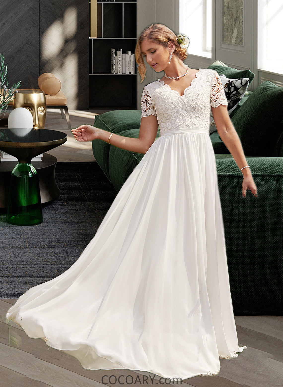 Yazmin A-Line V-neck Floor-Length Chiffon Lace Wedding Dress DA8P0013678