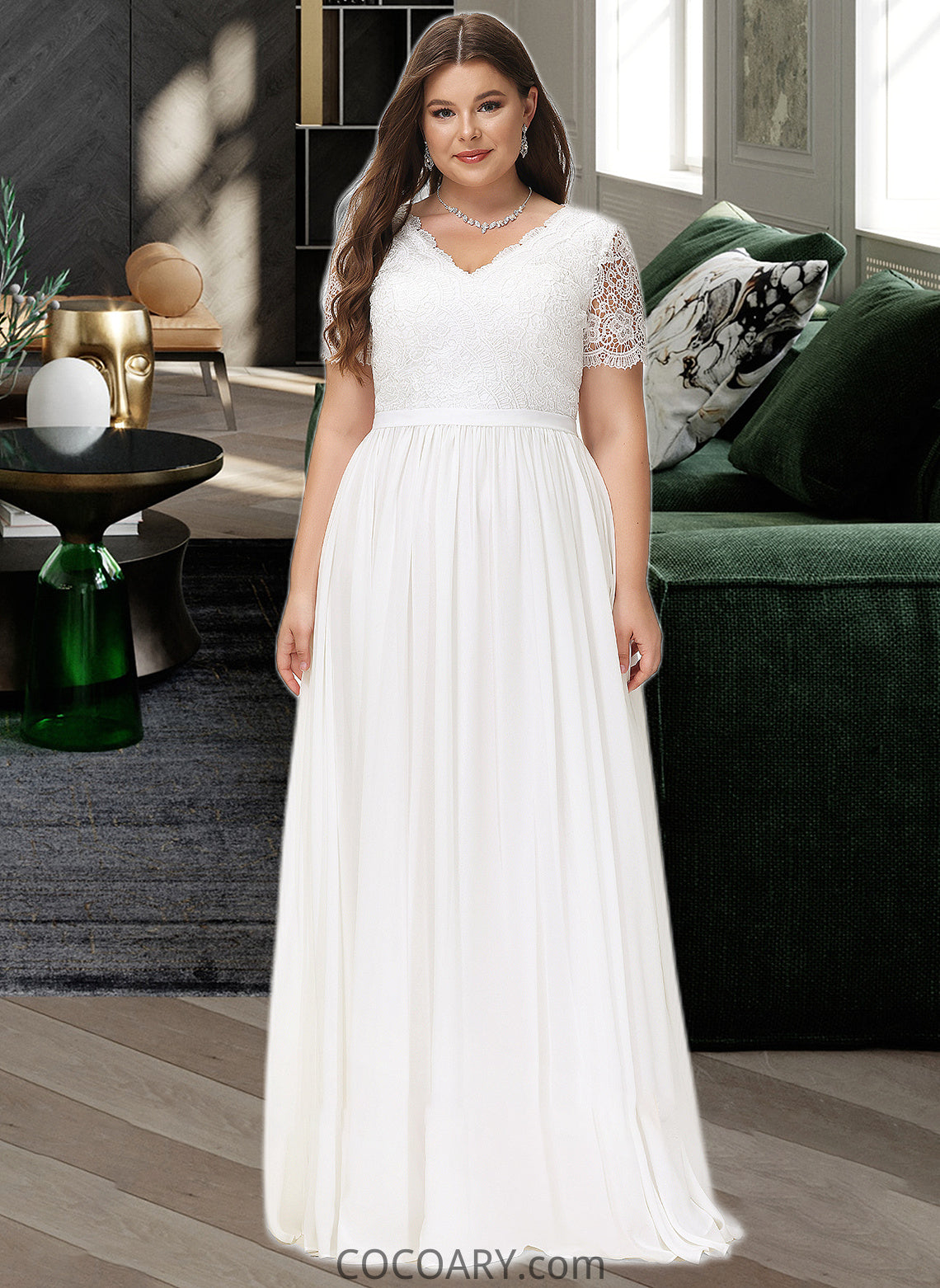 Yazmin A-Line V-neck Floor-Length Chiffon Lace Wedding Dress DA8P0013678