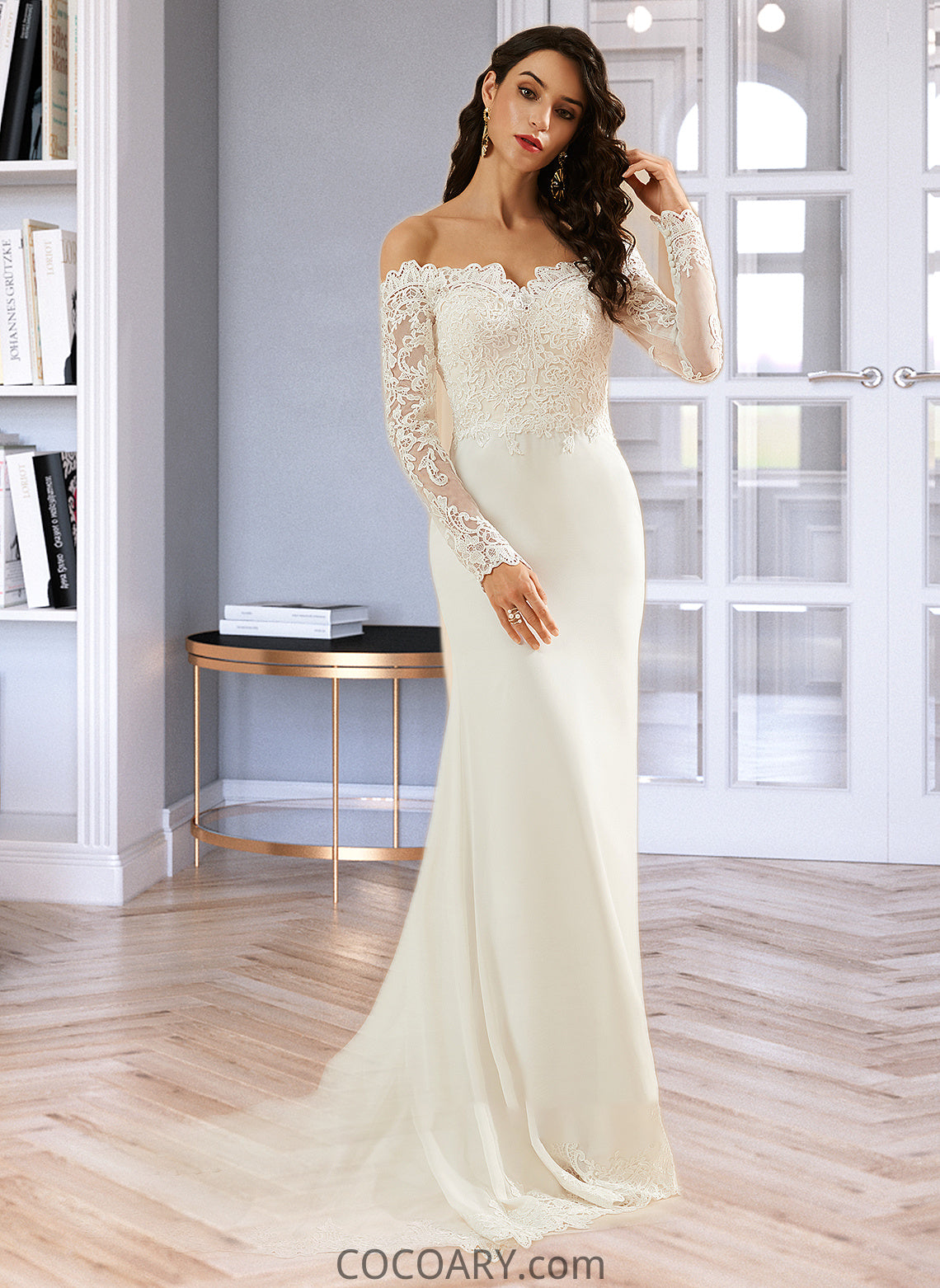 Jazmyn Trumpet/Mermaid Off-the-Shoulder Court Train Wedding Dress With Lace DA8P0013680