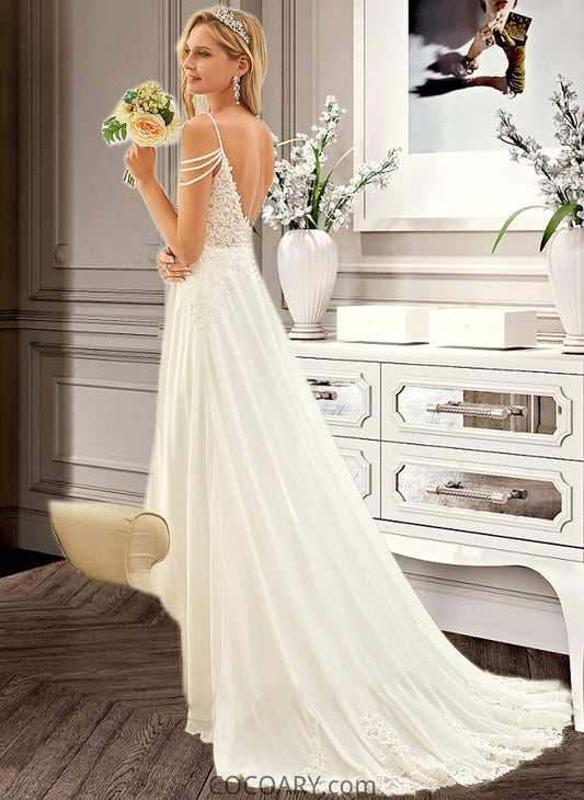 Alaina A-Line V-neck Sweep Train Chiffon Lace Wedding Dress With Beading Sequins DA8P0013681