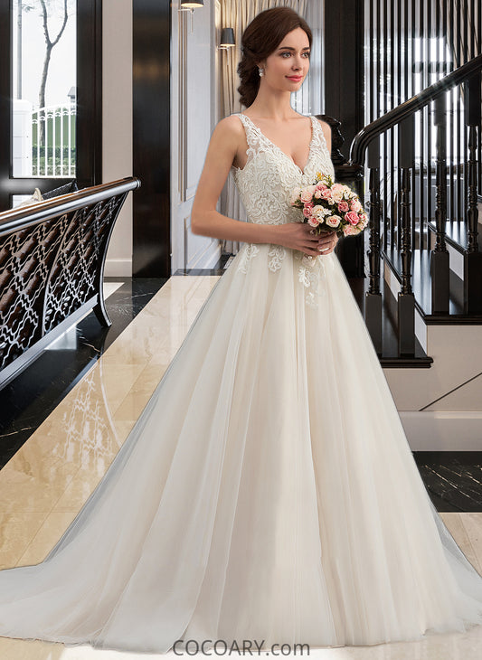 Alula Ball-Gown/Princess V-neck Court Train Tulle Wedding Dress DA8P0013682