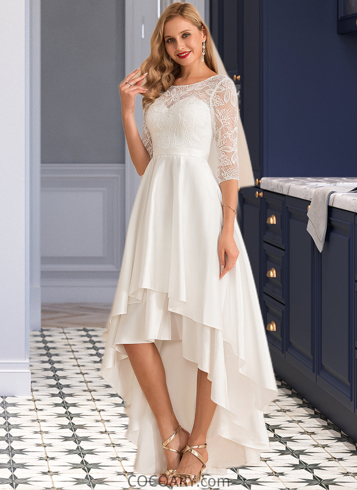 Raina A-Line Scoop Neck Asymmetrical Satin Lace Wedding Dress DA8P0013684